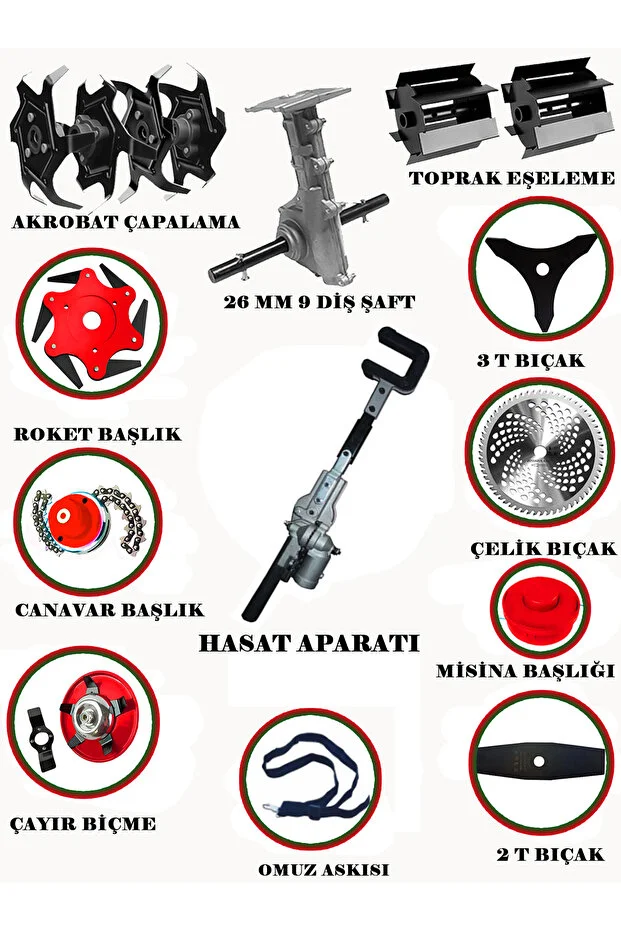 Yan tipi Benzinli Motorlu Tırpan + Zeytin Badem Hasat Makinası + Çapalama Seti Toplam 13 Parça